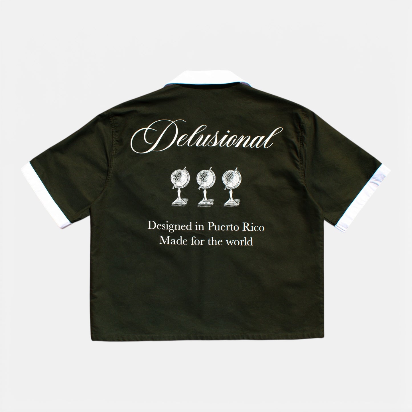 Button-up shirt featuring Designed in PR Made for the World artwork