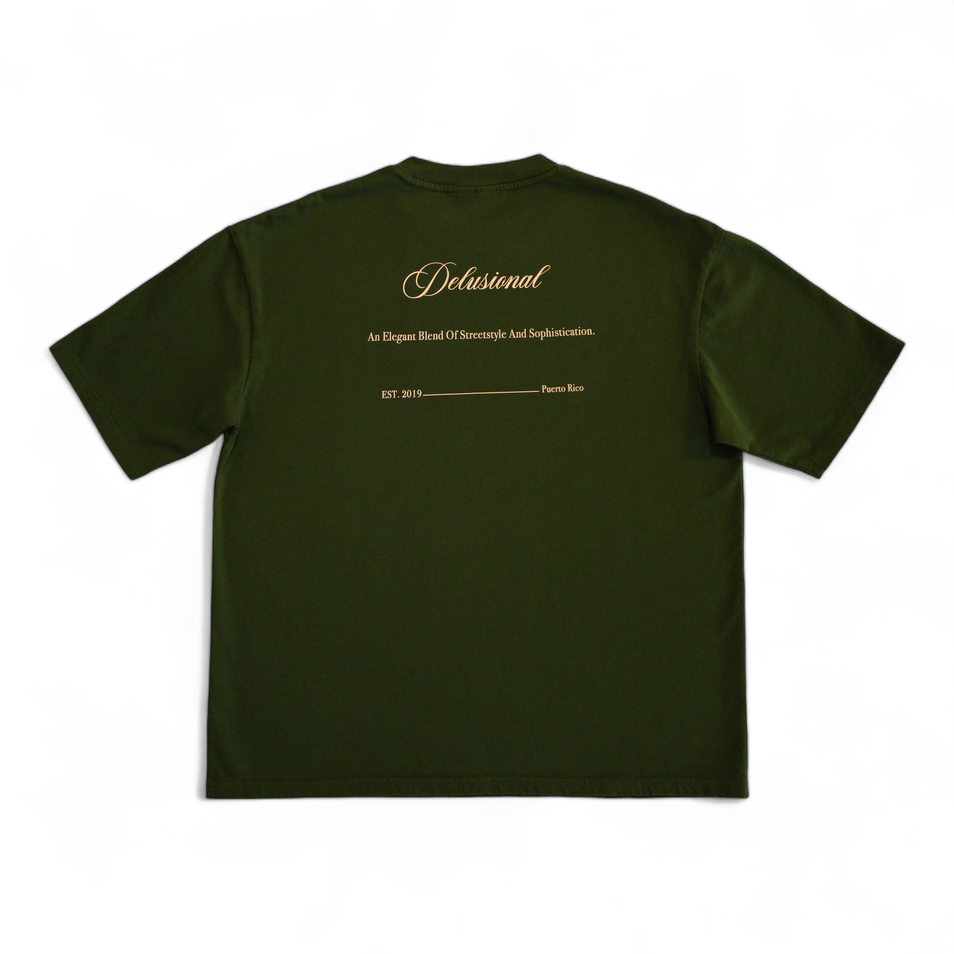 Back screen print design on olive cotton t-shirt