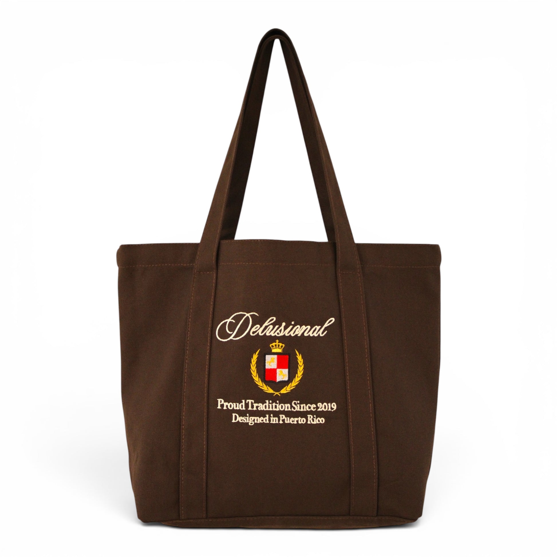 Brown heavyweight canvas tote bag with Proud Tradition embroidery designed in Puerto Rico