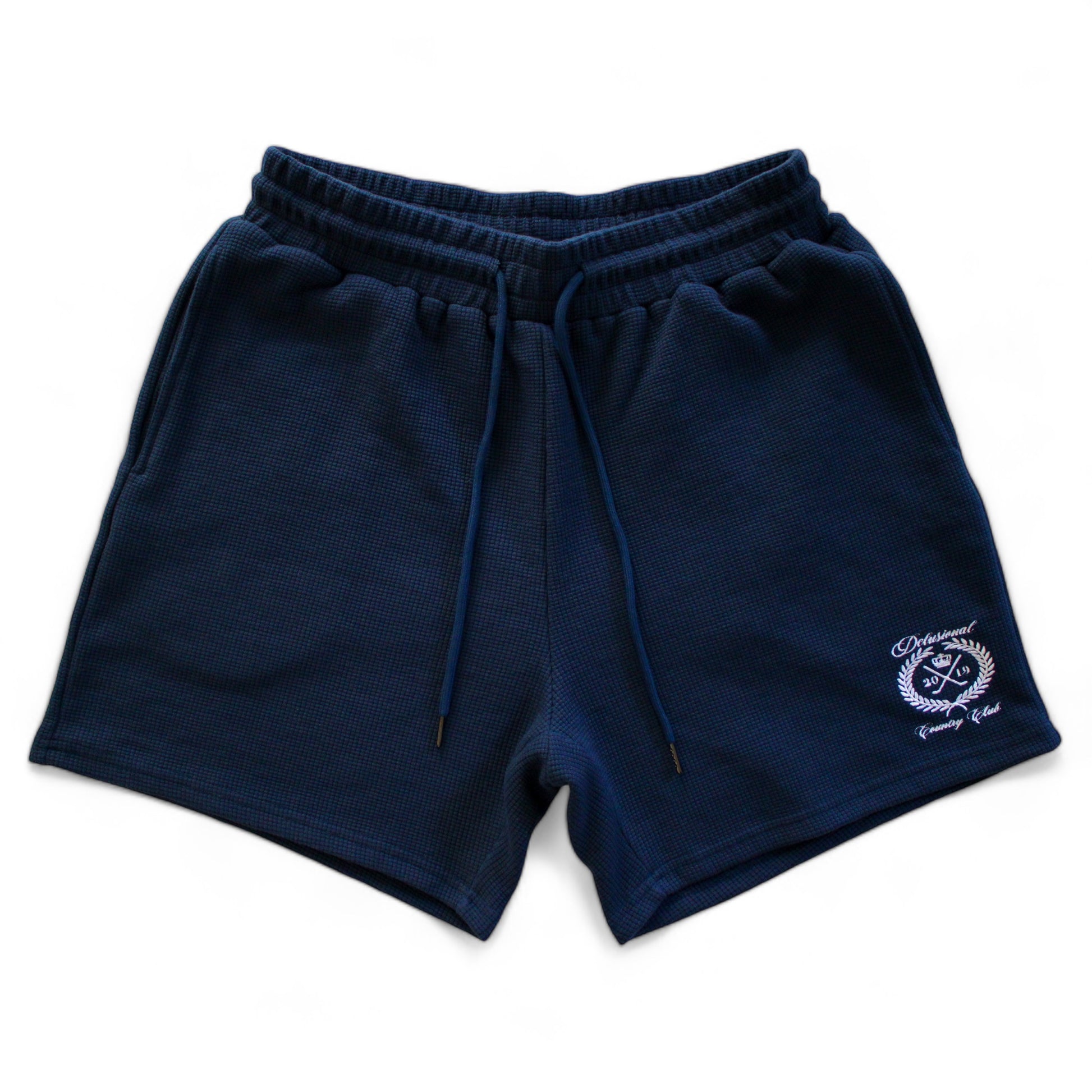 Navy Country Club Shorts with embroidered artwork by Delusional