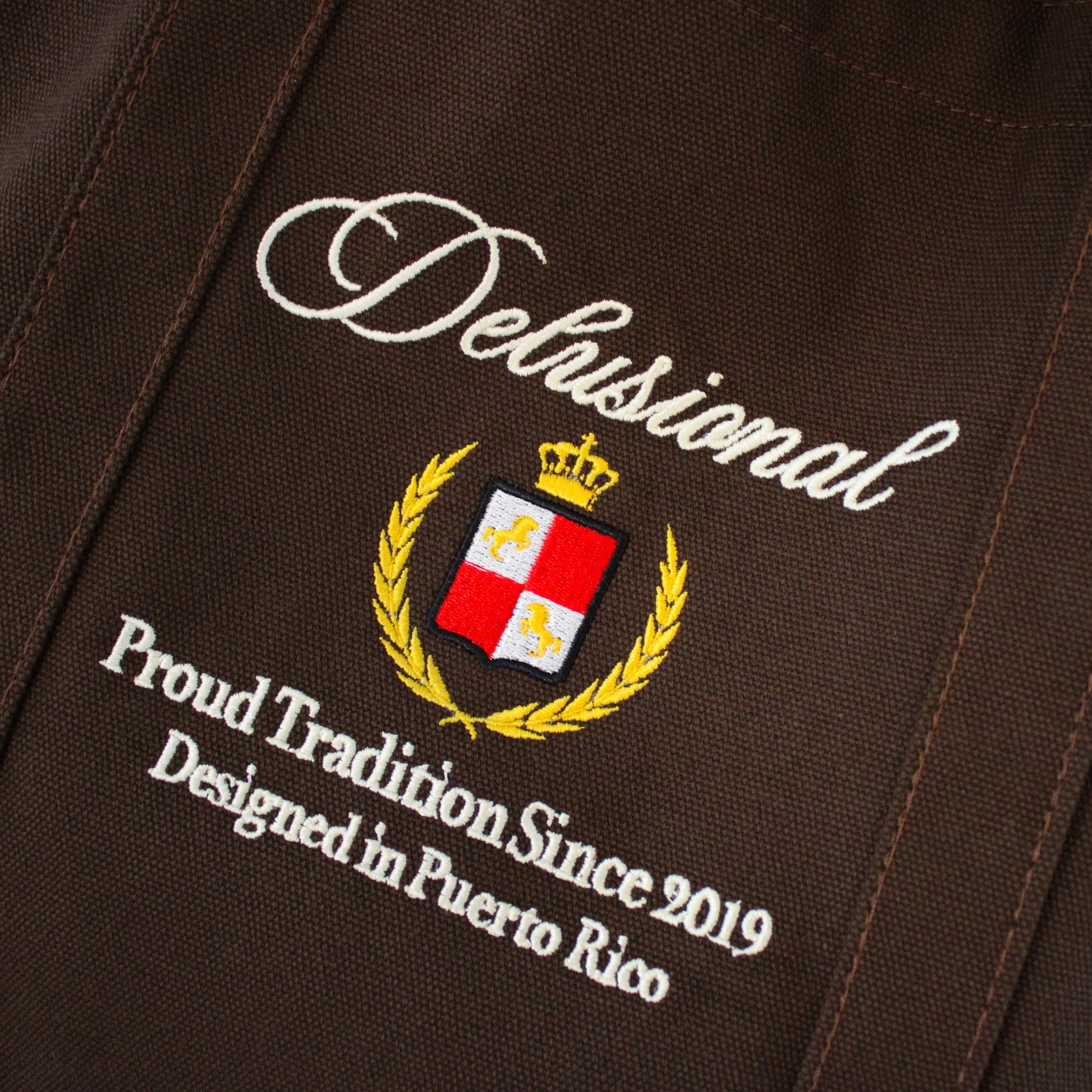 Embroidered Proud Tradition Designed in PR artwork on canvas tote