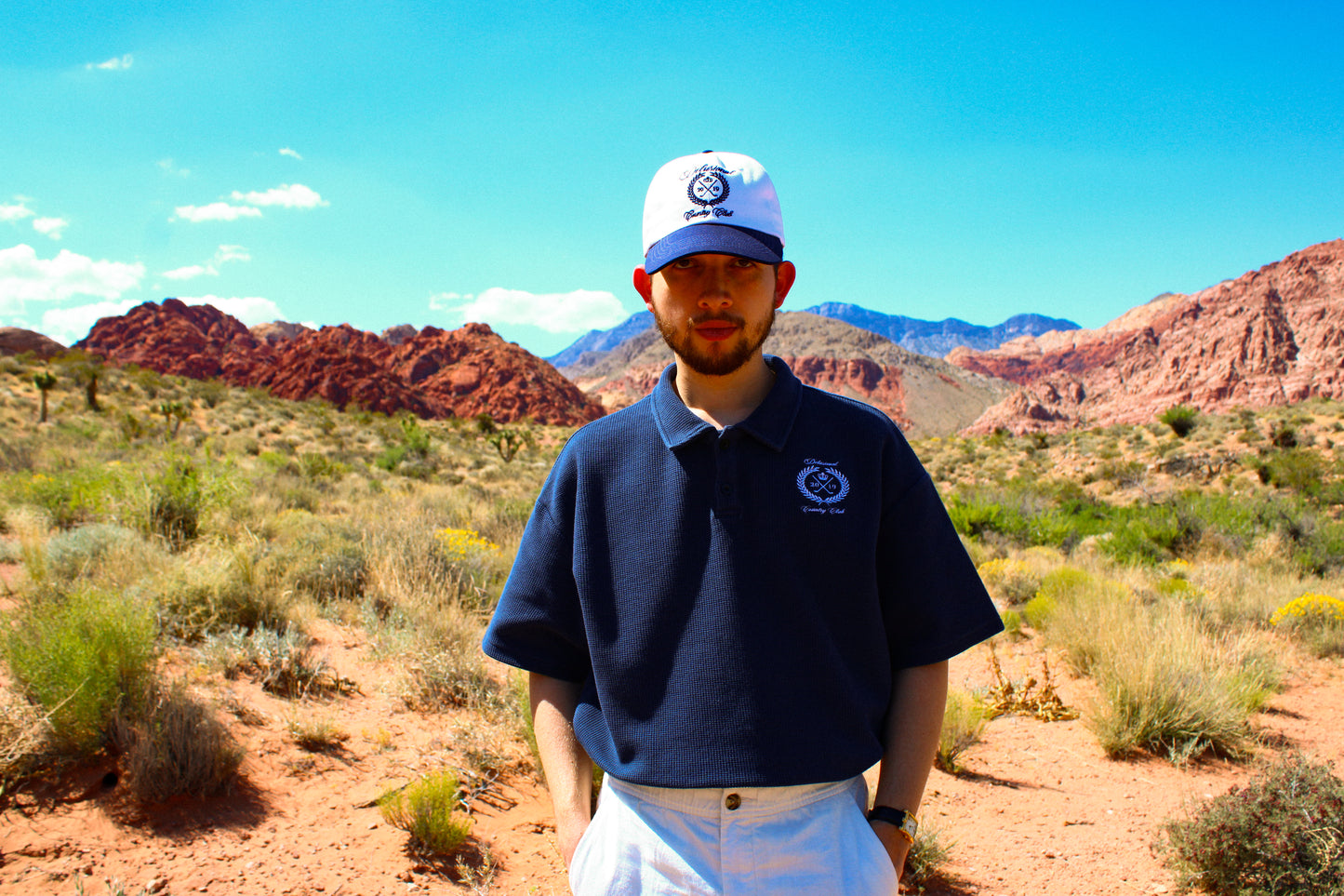 Premium men's waffle polo shirt with refined fit and hat