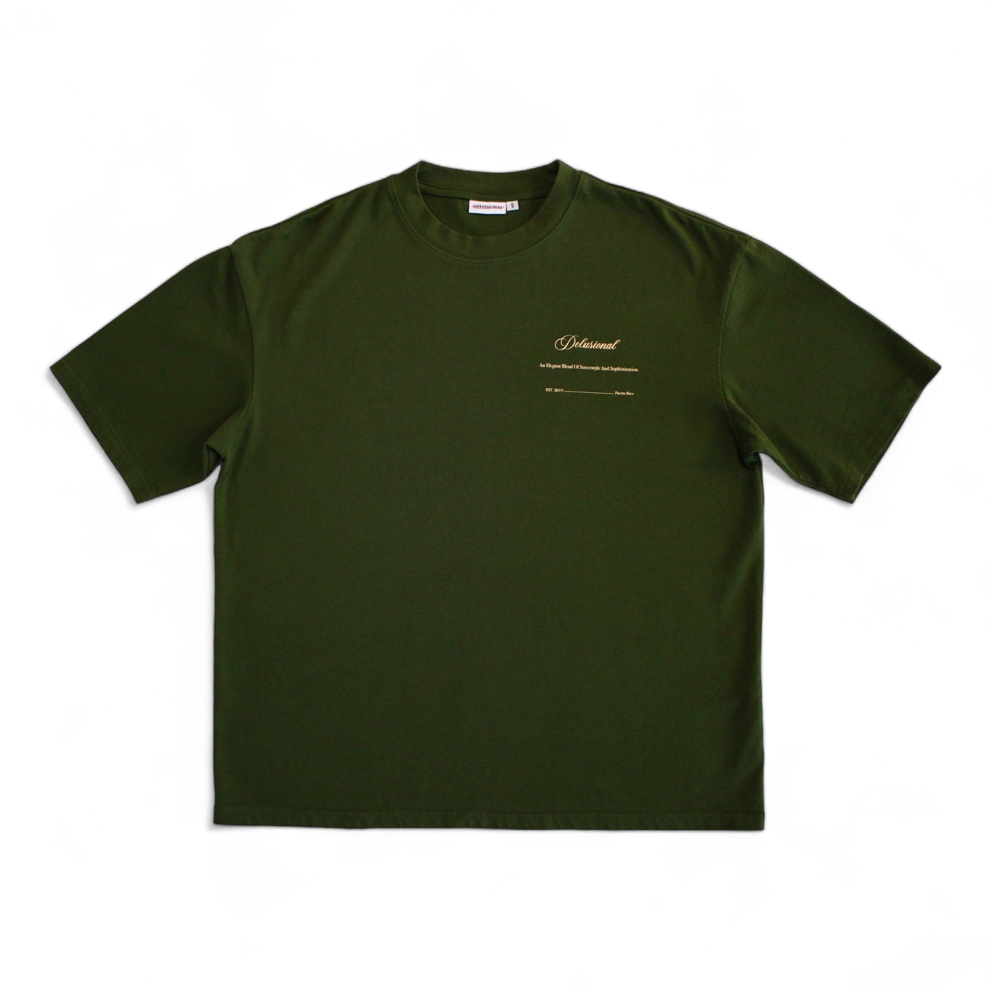 Olive oversized graphic t-shirt with front screen print by Delusional