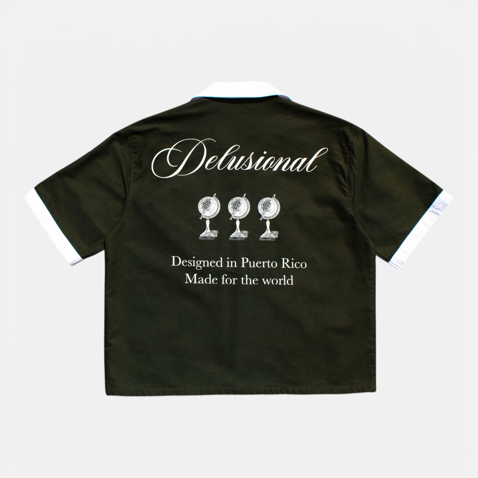 Button-up shirt featuring Designed in PR Made for the World artwork