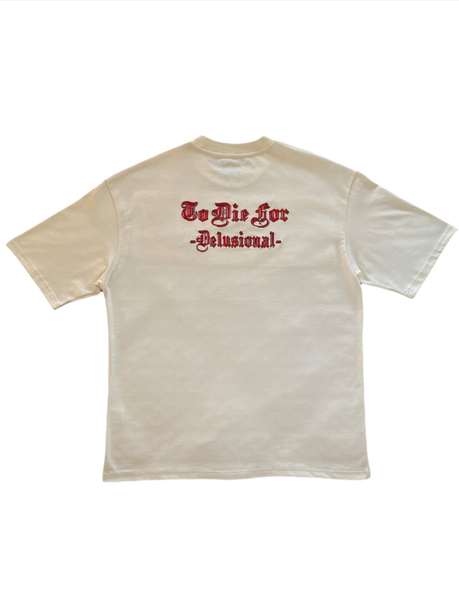 Large back embroidery detail on To-Die For graphic tee
